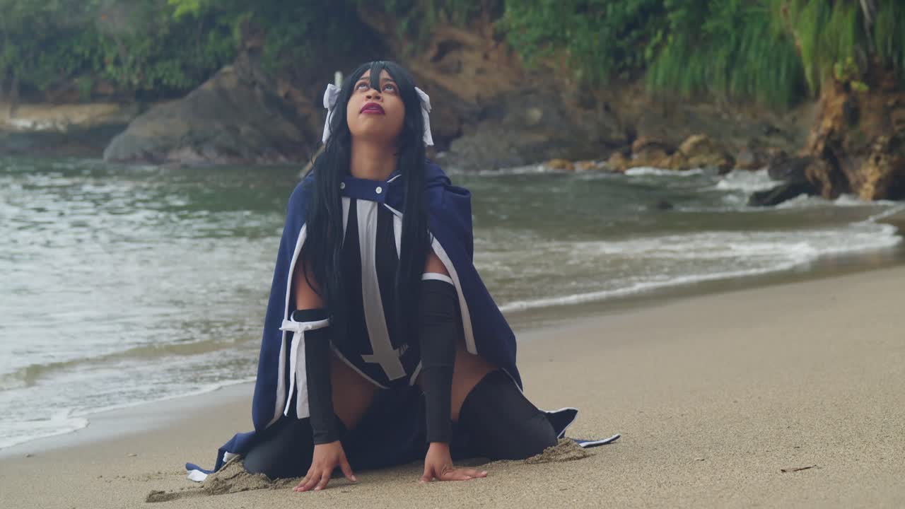 A soft watercolor sketch of a young girl with porcelain skin in a flowing costume, blending into the blues and greens of the Caribbean water