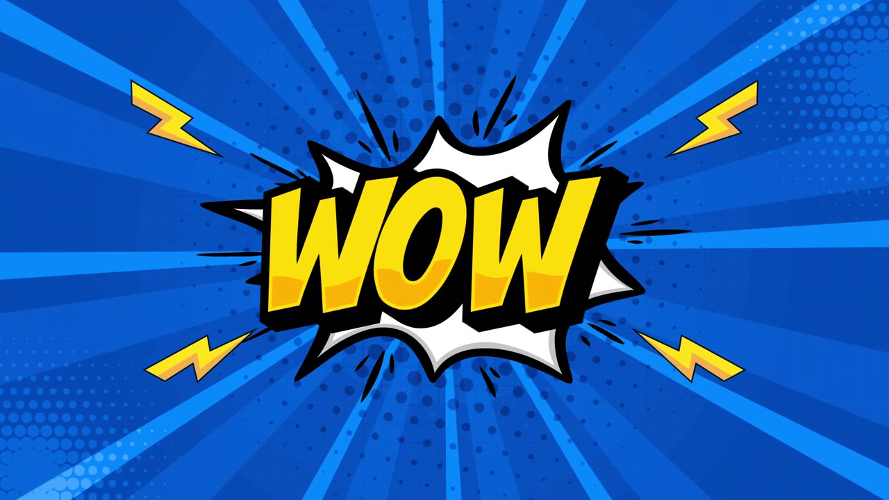 Testo animato 'WOW' in una nuvoletta di fumetto su sfondo blu