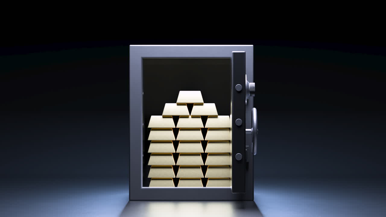 3d animation. Safe deposit box door opening with a stack of gold bars inside