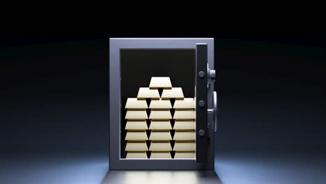 3d animation. safe deposit box door opening with a stack of gold bars inside
