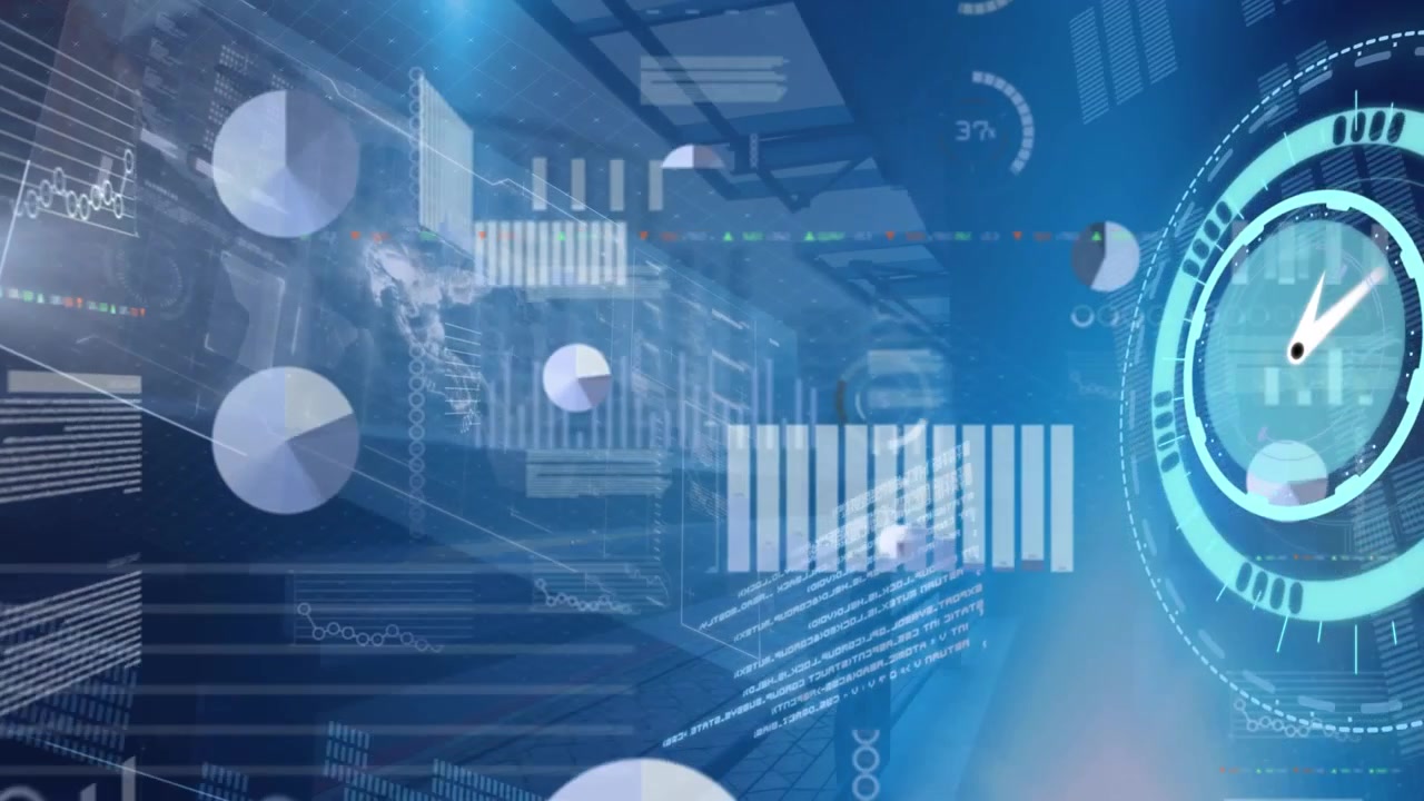 Animation af finansiel databehandling over et bevægeligt ur på blå baggrund