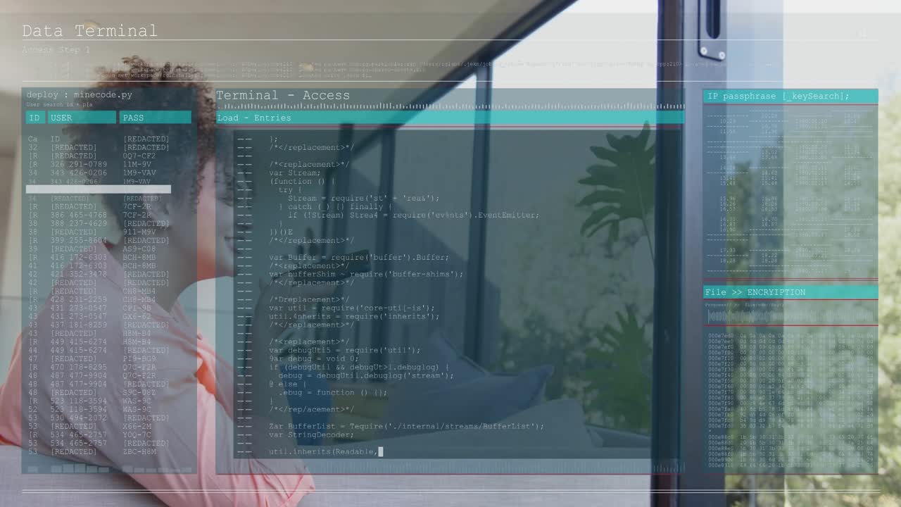 Woman on sofa, raising remote, saying commands, activating tech GUI overlay to access terminal data