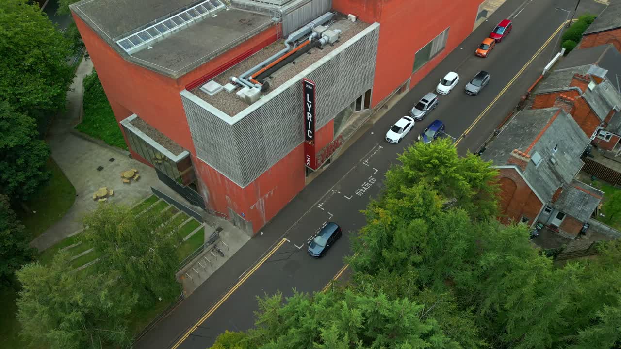 Tight overhead aerial video of the Lyric Theatre in South Belfast, Northern Ireland in the UK. Filmed in 4K, 60FPS and with Rec709 color