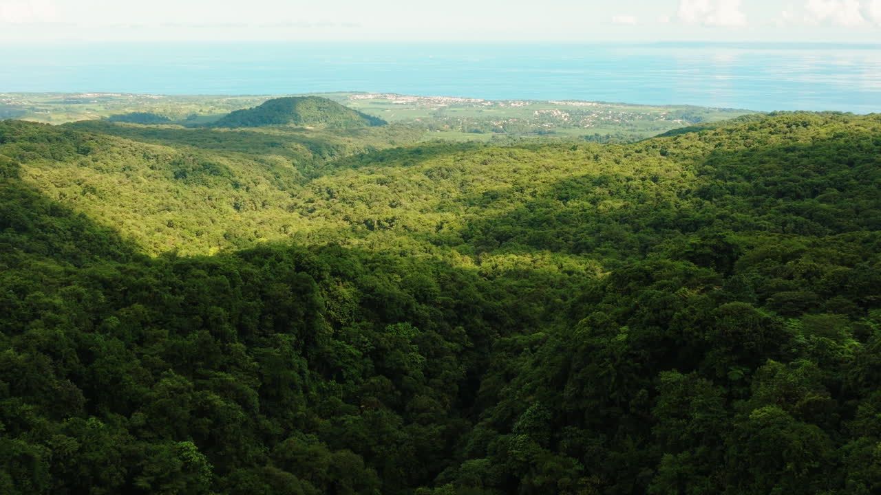 Aerial drone flying above Guadeloupe rainforest with sea visible in distance