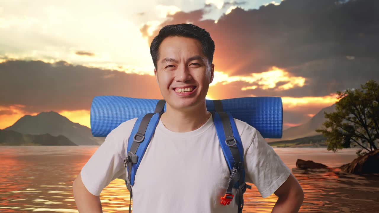 Close Up Of Asian Male Hiker With Mountaineering Backpack Smiling And Posing Arms Akimbo At A Lake