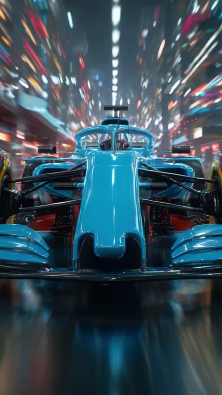 Un'auto da corsa elegante e futuristica sfreccia in un vivace paesaggio urbano, combinando ingegneria avanzata e un'estetica sorprendente per catturare gli appassionati di sport motoristici e gli innovatori.