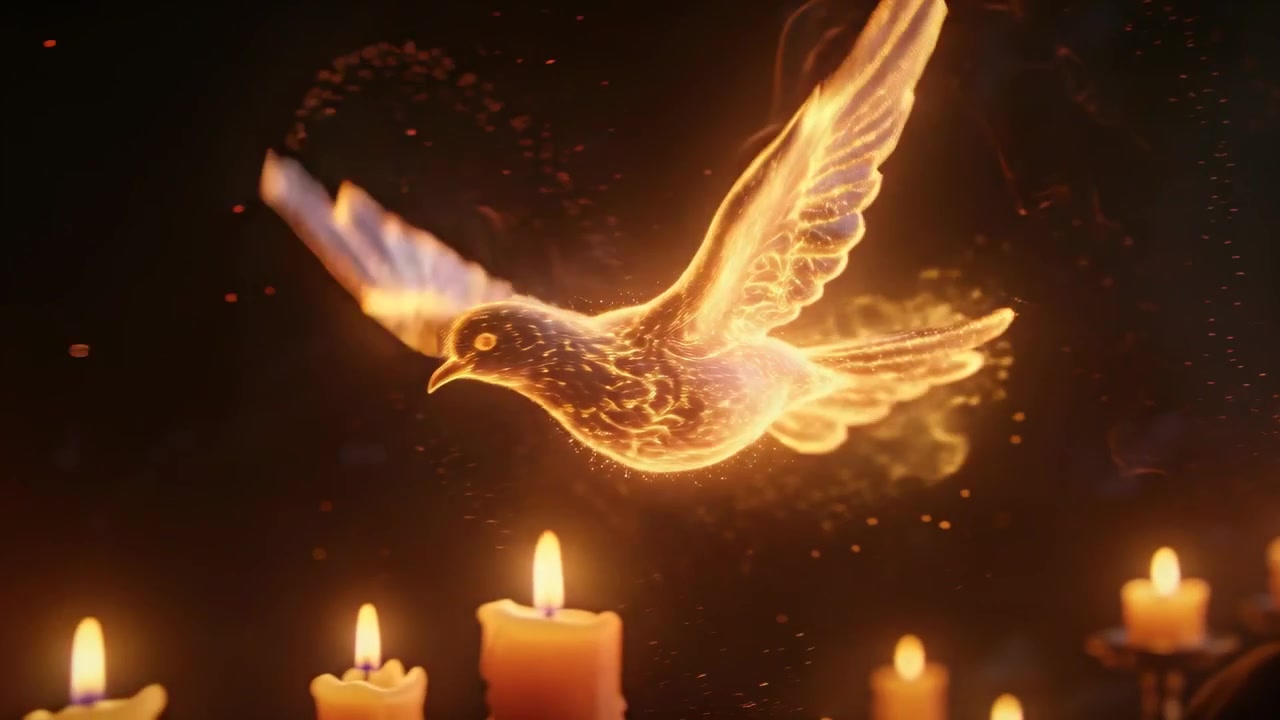Rising from candle glow golden flame bird hovering in dark room trailing sparks cloaked man looking