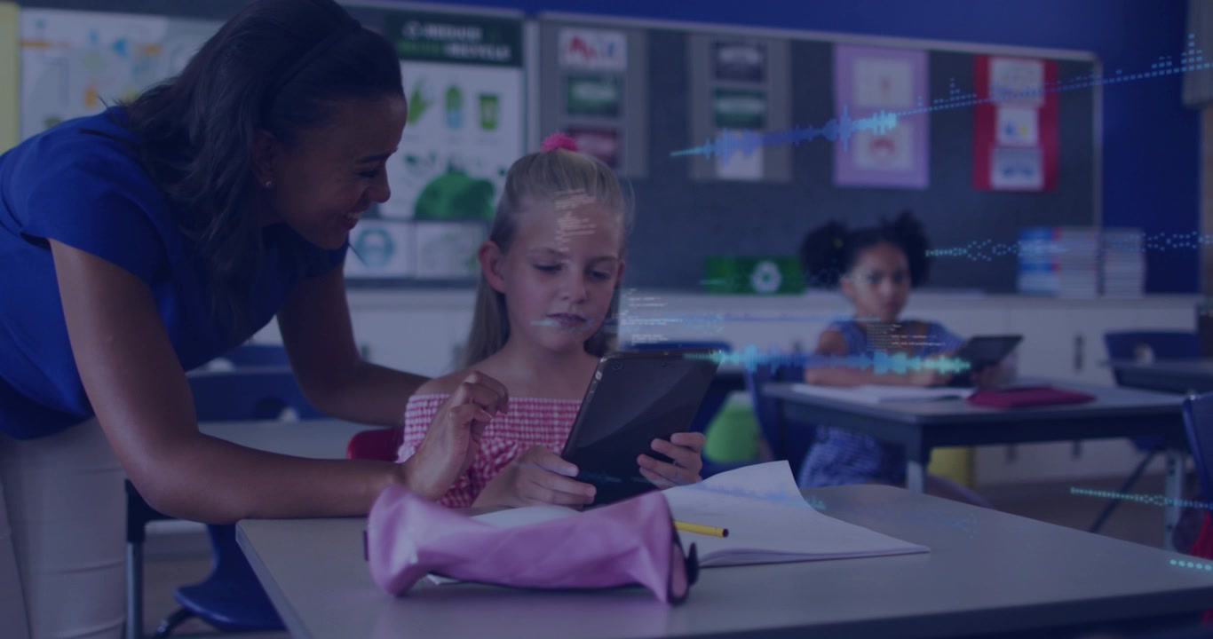 Teacher leaning guiding student tapping tablet, overlaying code waves rising showing education data