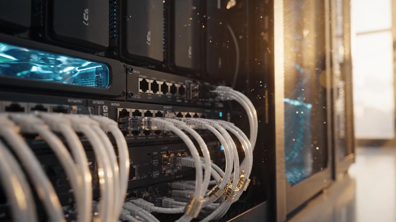 Detailed close-up of a modern server rack showcasing cabling and networking components, illuminated by soft natural light in a contemporary data center environment.