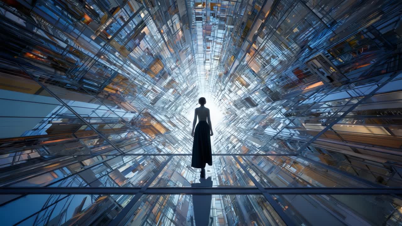 A captivating figure stands poised on a narrow ledge, silhouetted against a radiant, abstract landscape filled with vibrant colors and dynamic geometry reminiscent of futuristic architecture