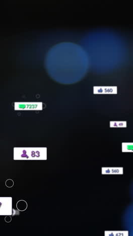 animación de iconos y números de redes sociales sobre luces parpadeantes fuera de foco
