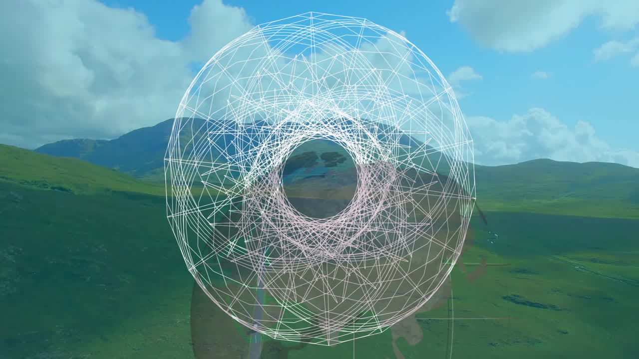 Geometric wireframe sphere animation over scenic mountain landscape with blue sky
