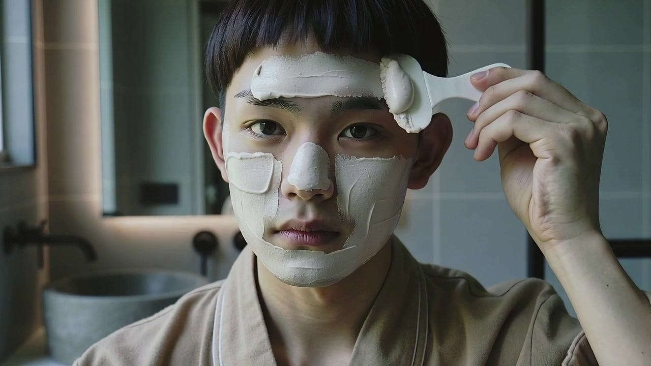 Picking up spatula, adult male in robe smoothing mask onto forehead at vanity for skincare