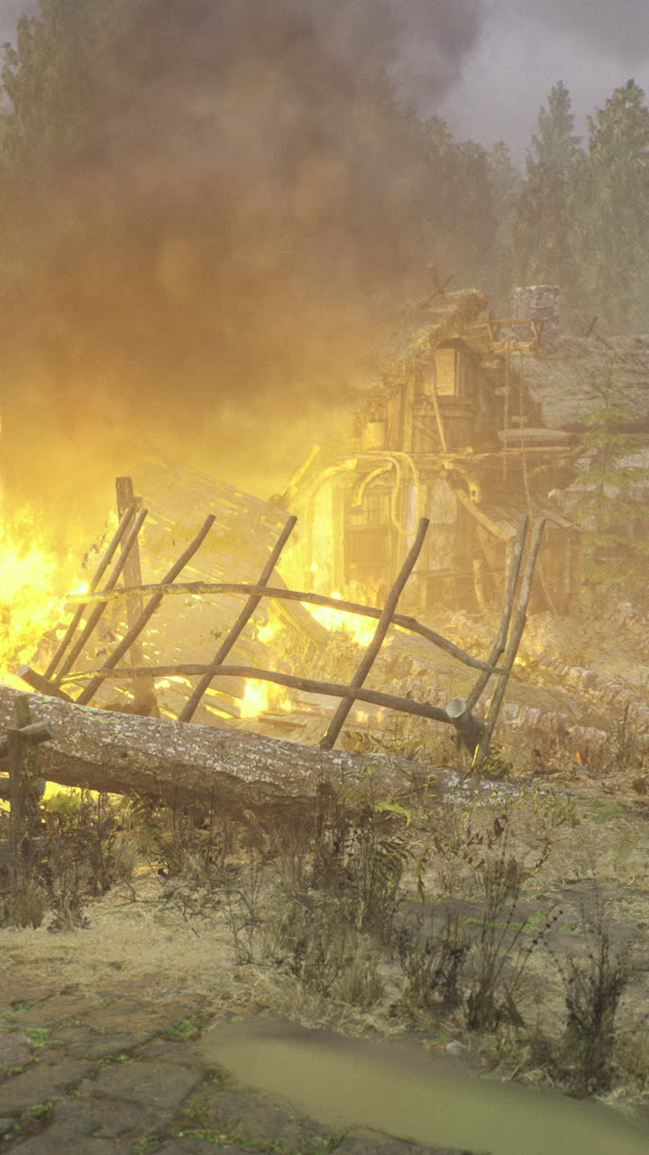 Wildfire consumes rural landscape with damaged fences and flames