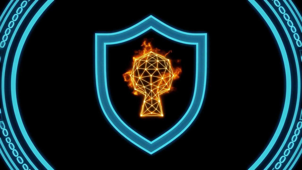 Glowing Digital Shield Protecting AI Brain Keyhole Icon