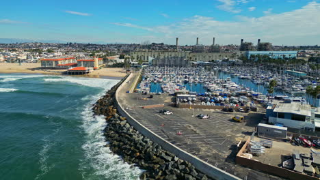 Aerial-Drone-Above-Blue-Sea-Town-Landscape-Yacht-Club-Redondo-Beach-California