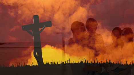 silhouetted family with crosses against vibrant orange sunset sky in animation