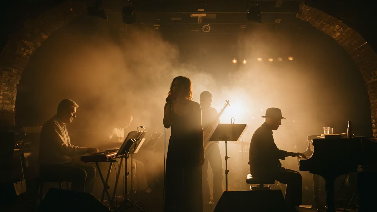 An Enigmatic Live Music Performance Bathed in Warm Lighting and Atmosphere, Showcasing Talented Musicians and a Captivating Vocalist Amidst a Dreamlike Setting