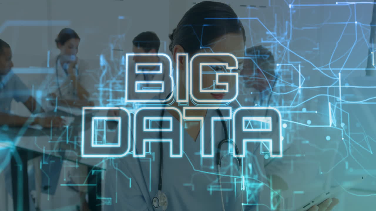 Working with big data, healthcare professionals analyzing animation overlay in office
