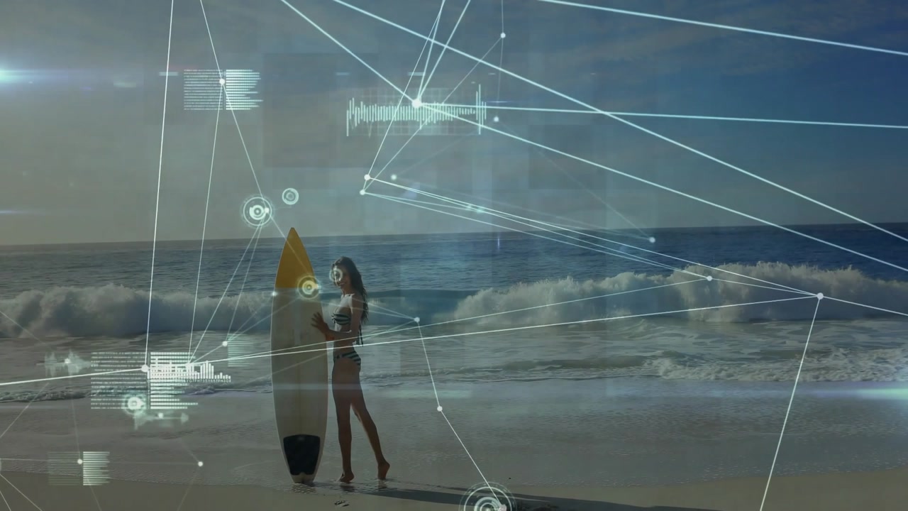 Surfer walking toward shore and activating technology data overlay while applying device on board