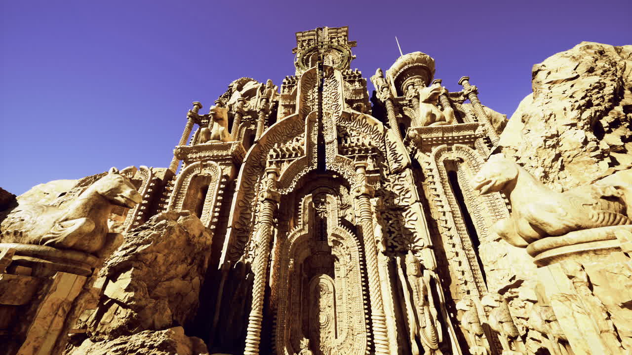 Intricate stone carvings at a historic structure under clear blue sky