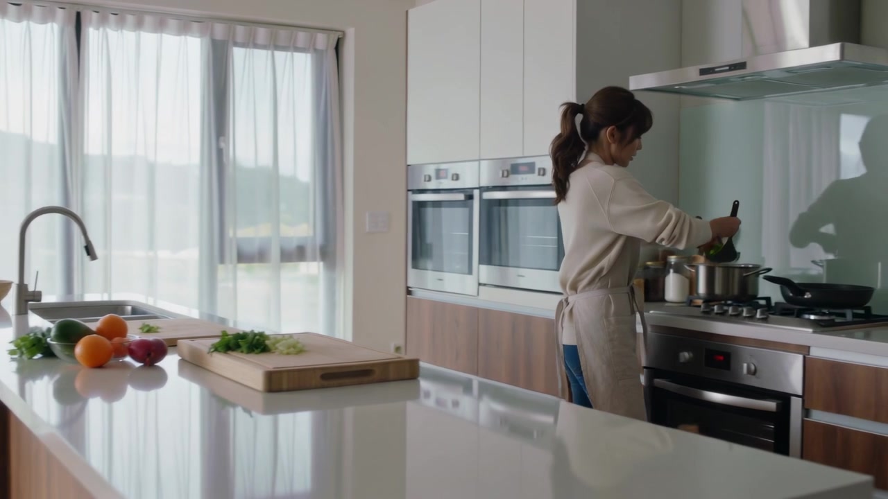 Mulher de avental picando, preparando o jantar na ilha da cozinha, movendo verduras e mexendo a panela, com espaço para texto.