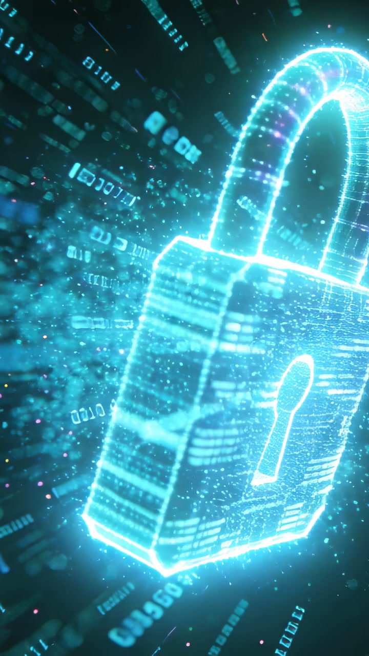 Incoming data initiating holographic padlock rotating and pulsing, highlighting security protection
