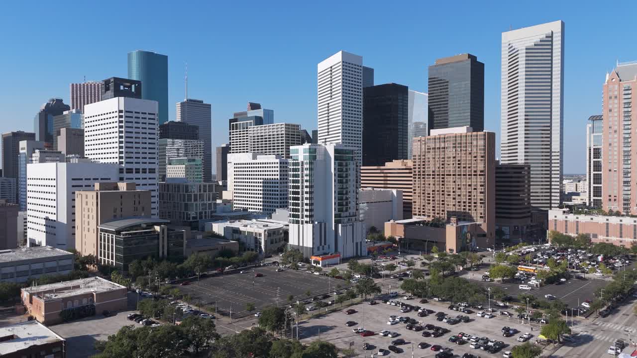 Drone shot of Downtown Houston, Texas, USA. Buildings, traffic and skyline in the morning.