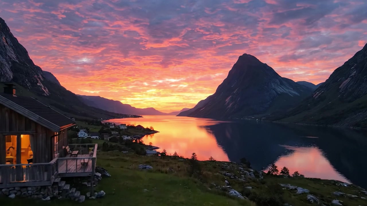Reflet de coucher de soleil époustouflant sur un lac tranquille entouré de montagnes majestueuses, capturé dans un paysage pittoresque