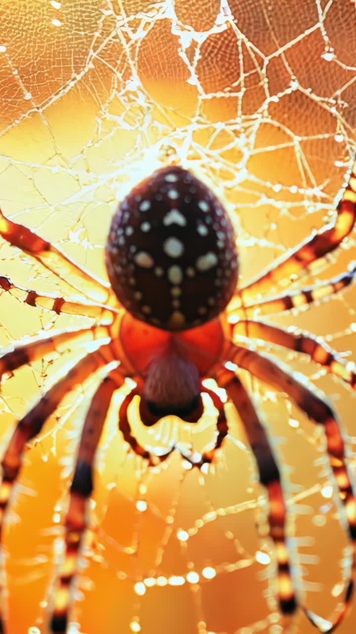 A spider is sitting in the center of a web Vertical video