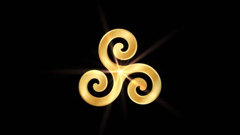 triskelion or triskele religious symbol particles animation, magical particle dust animation of religious triskelion sign with rays.