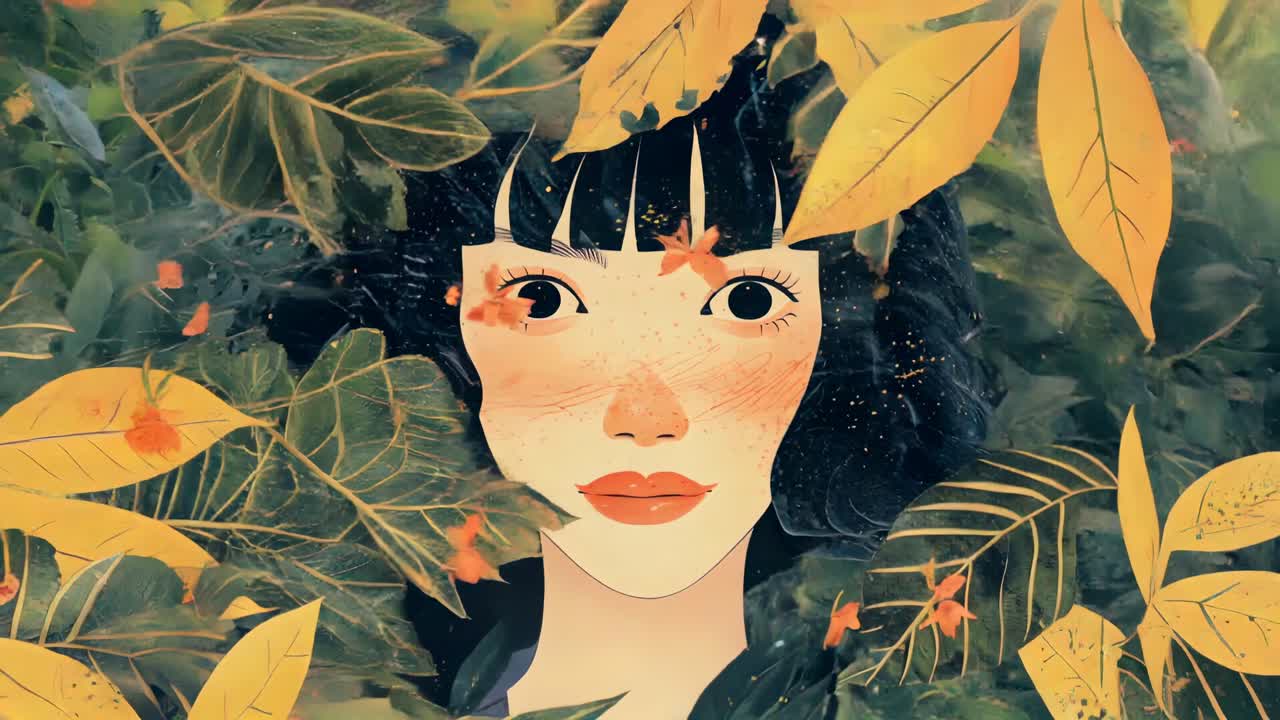 A serene, artistic video close-up of a woman's face surrounded by autumn leaves, eyes closed