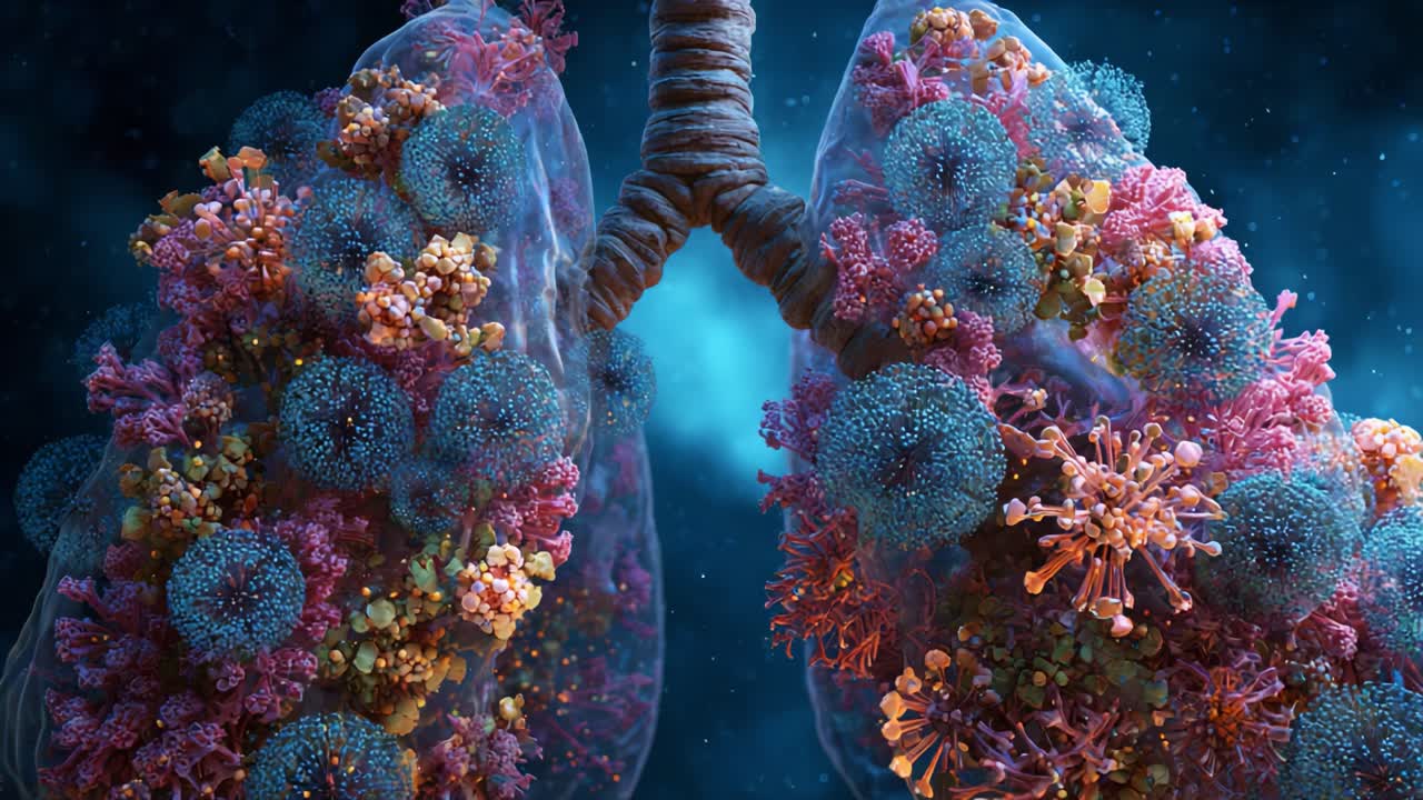 Una straordinaria visualizzazione dei polmoni che mostra l'intricata vita microbica e cellulare, evidenziando la complessità e la bellezza delle strutture respiratorie con colori vivaci