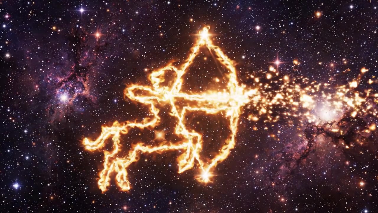 En betagende kosmisk overgang: Fra universets dybder fyldt med stjerner til det flammende stjernebillede Skytten, der oplyser nattehimlen.