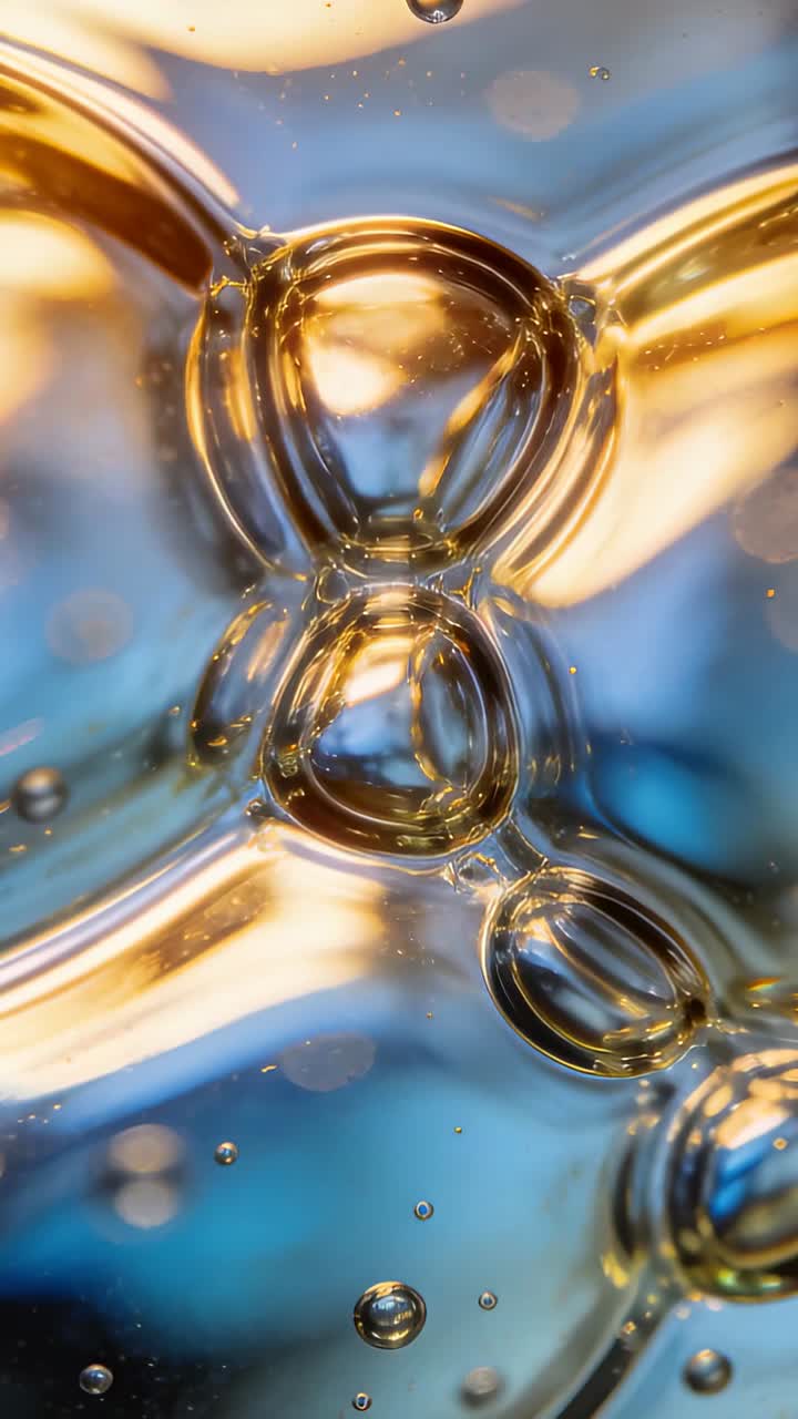 Vidéo verticale: Gouttelette en mouvement poussant un trio de bulles en macro, les bulles s'étirant avec des cous fins