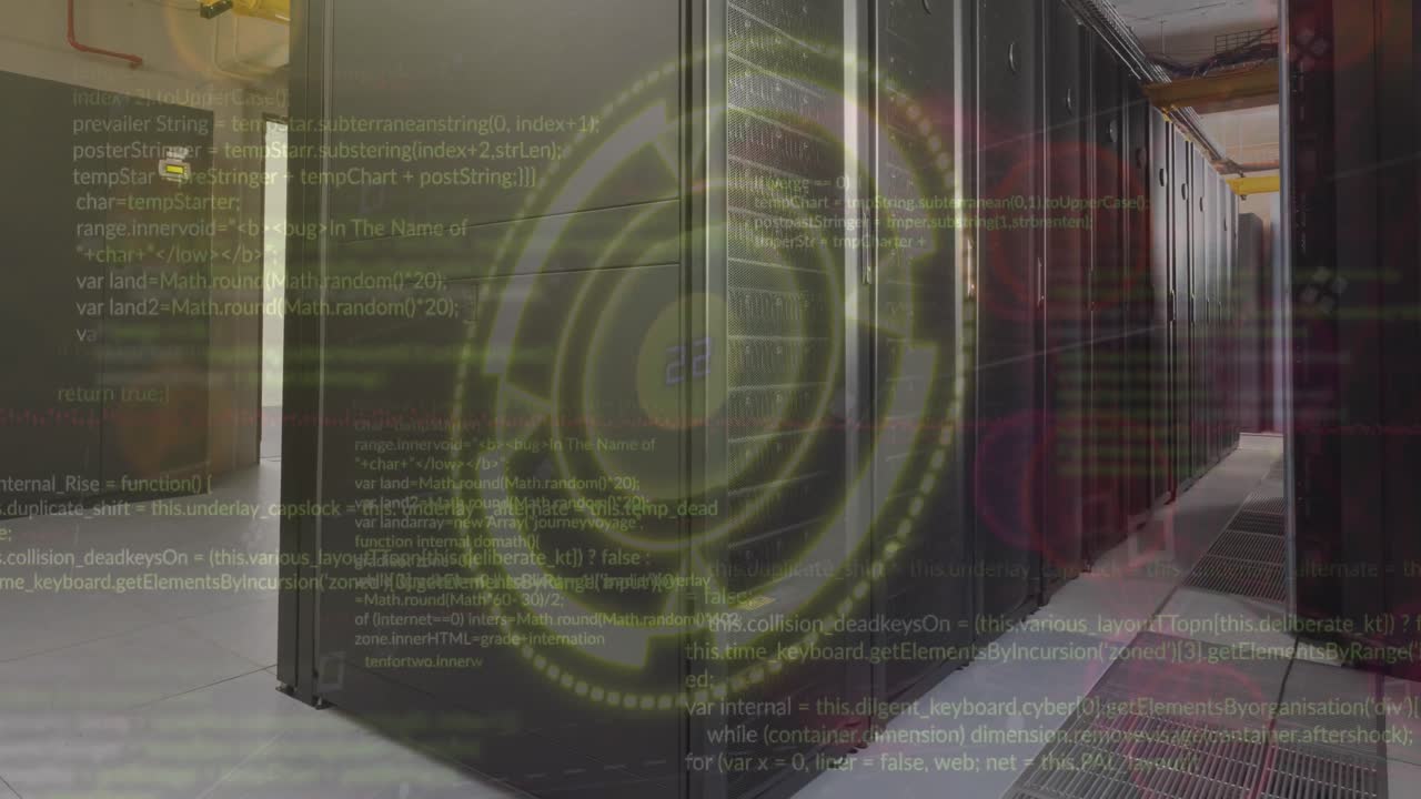 Animation of icons, computer language and loading circle over serve room
