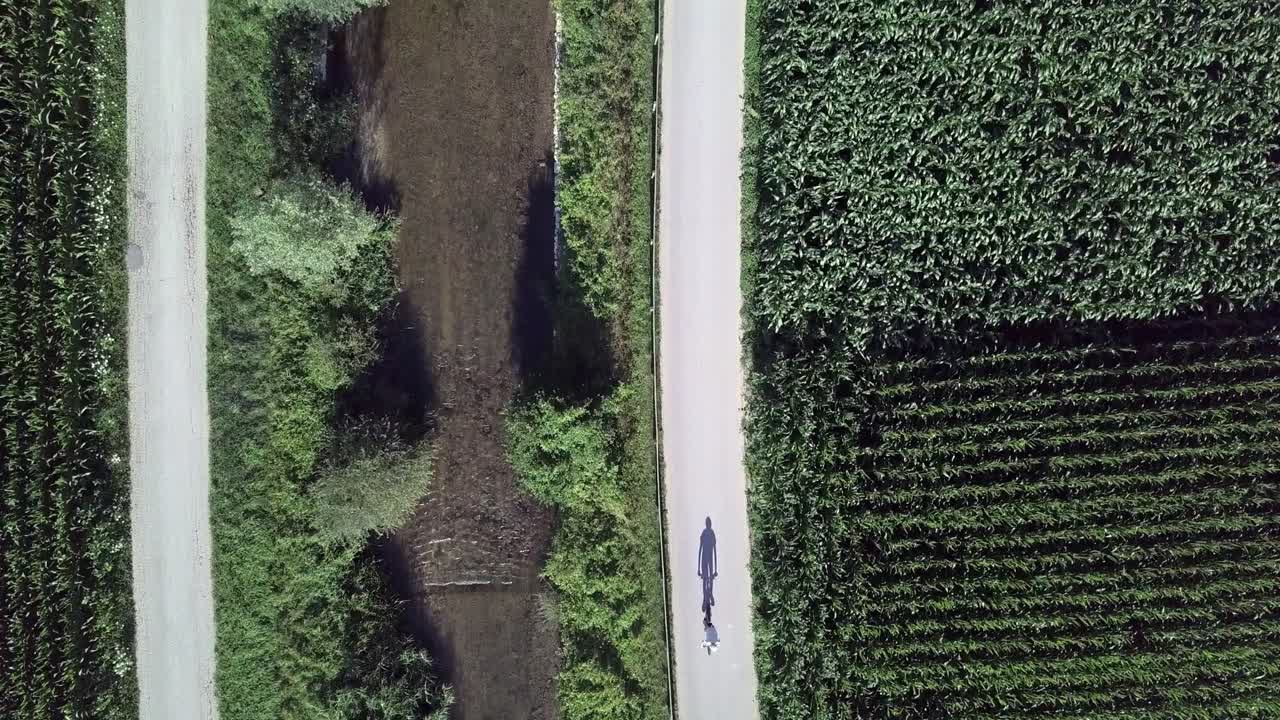 vista superior aérea sobre un ciclista que proyecta una larga sombra en el valle de sugana, italia con un dron volando hacia adelante