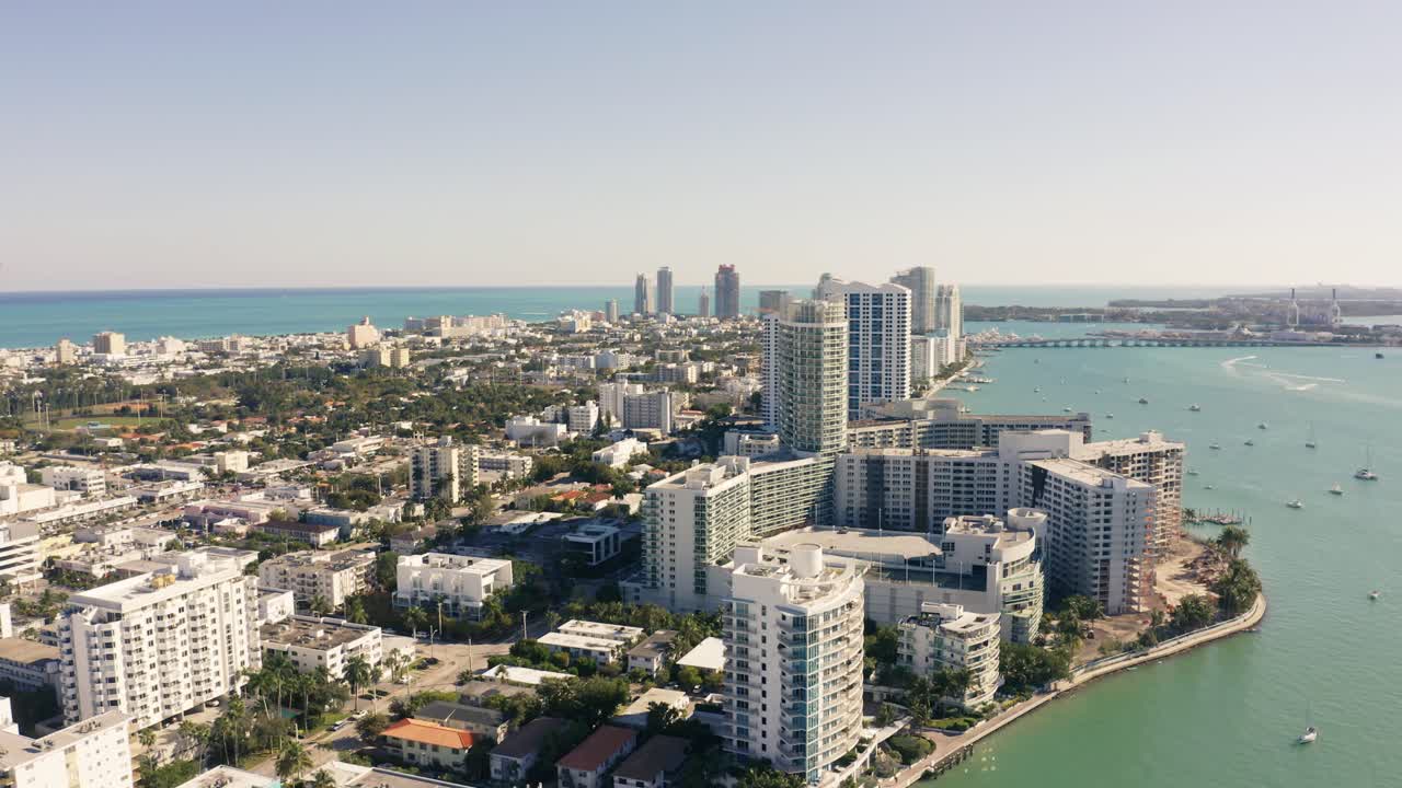Apartment buildings and high rises overlooking Biscayne Bay in Miami, Florida. Aerial shot