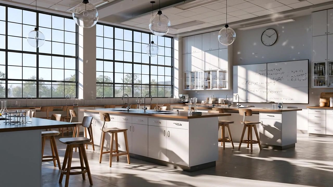 Aula di laboratorio scientifico moderno vuota con grandi finestre