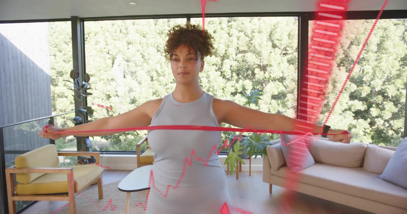 Woman holding red band, red overlays appearing and guiding pulls to overhead hold for fitness