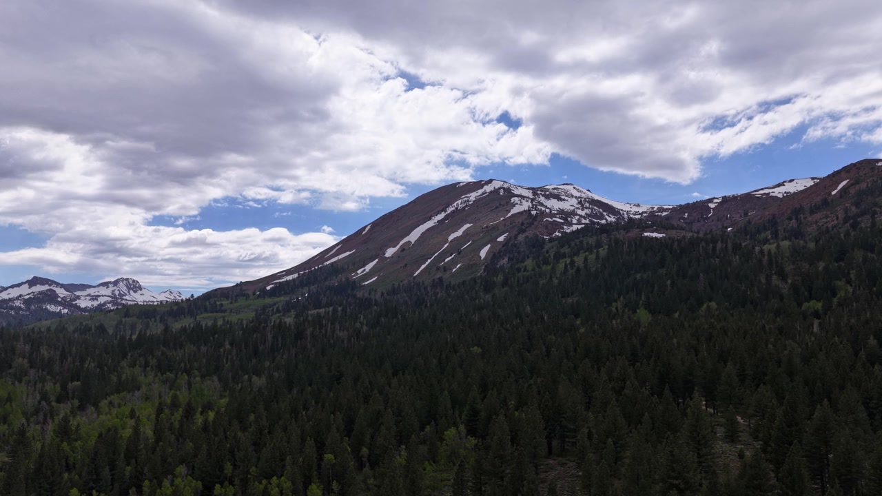 Vista aerea che costeggia una maestosa catena montuosa coperta da chiazze di neve e circondata da una fitta foresta di pini verde nella Hope Valley, California, sotto un cielo primaverile nuvoloso.