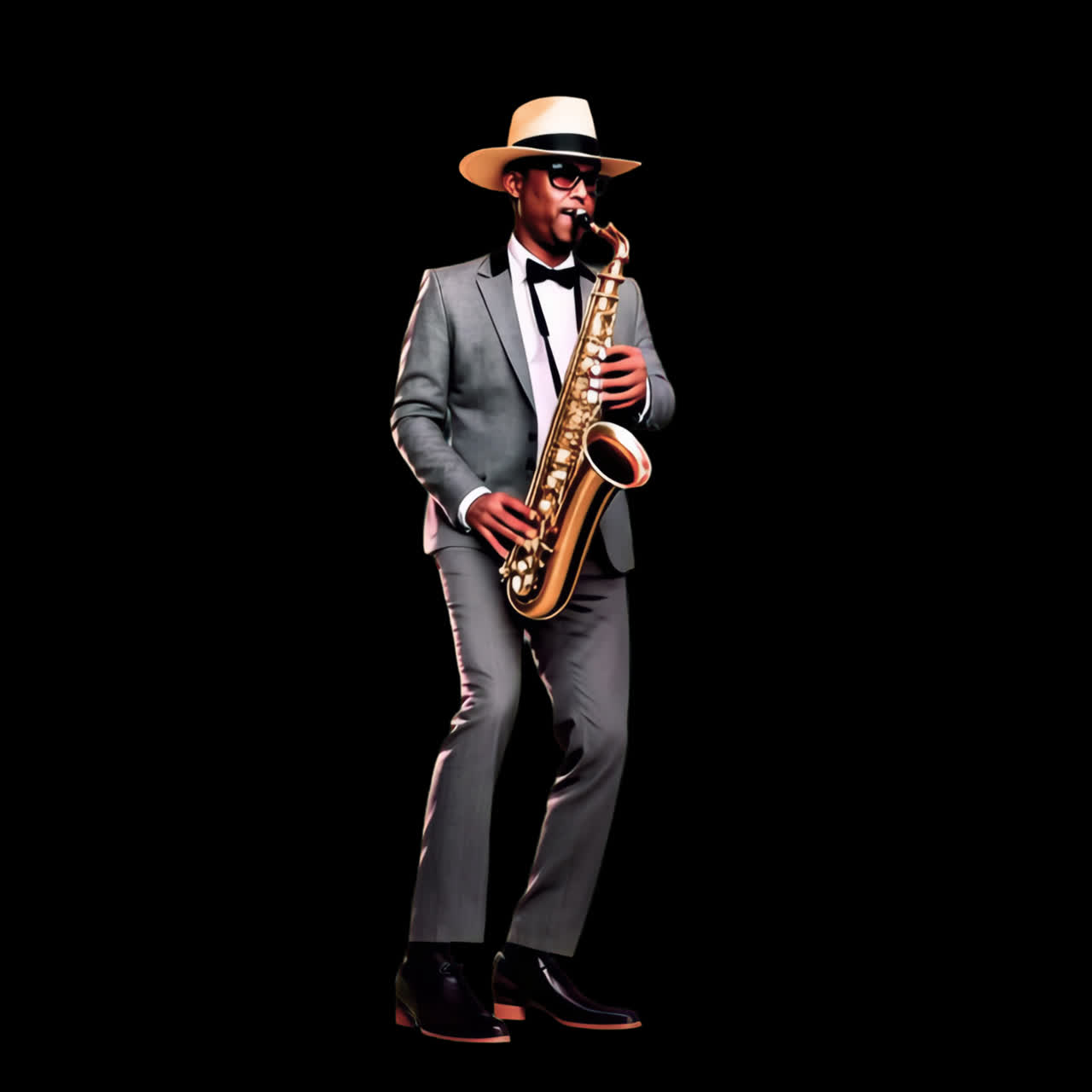 Elegante sassofonista che suona un’animazione jazz, risorsa isolata, video 4K trasparente, canale alfa