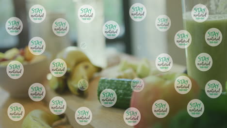 animation of stay natural texts icons over vegetables