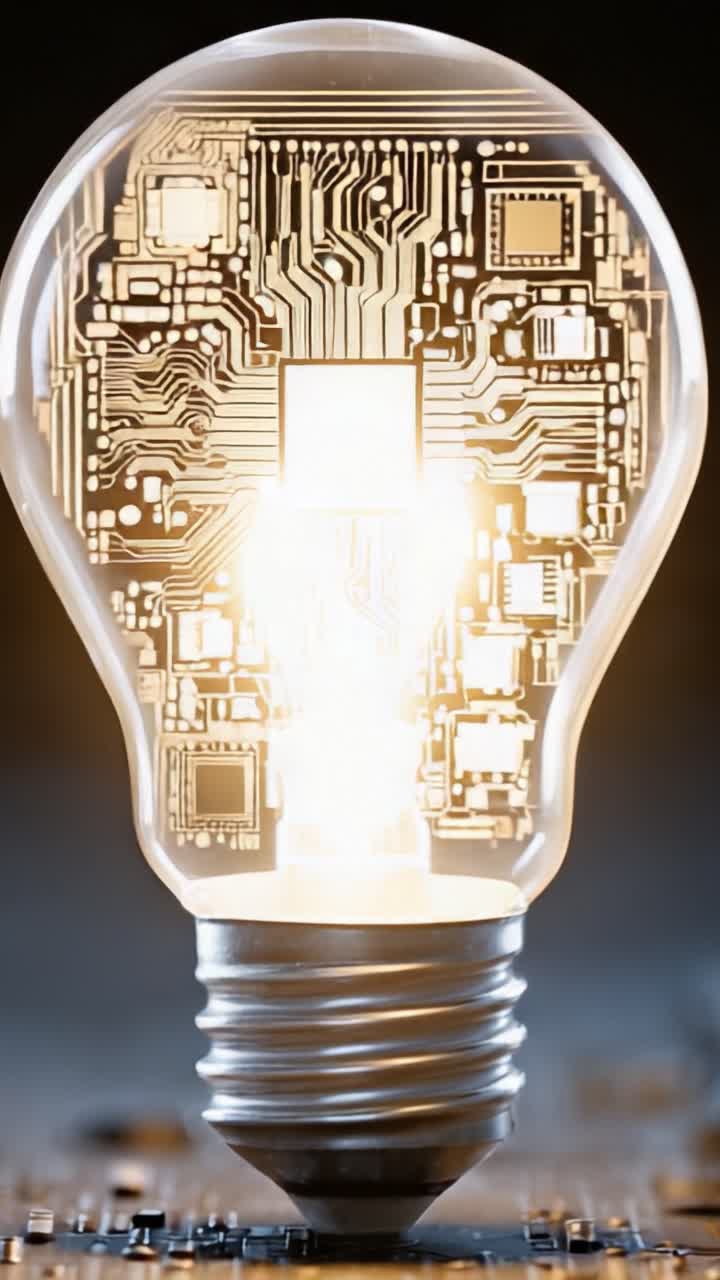 Una Rappresentazione Visiva Mozzafiato di Tecnologia e Innovazione: Una Lampadina Illuminata con Intricati Schemi di Circuiti Stampati che Simboleggia la Fusione di Elettronica e Illuminazione