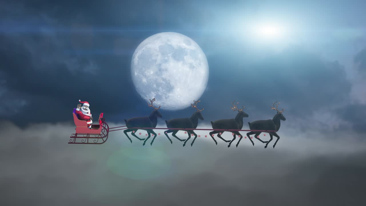 산타클로스가 사 매를 타고 달을 배경으로 날아가는 아름다운 크리스마스 3d 렌더링 애니메이션