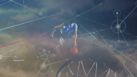 animation of network of connections and data processing over basketball player