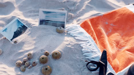 Beach-sand,-printed-photo-and-woman-on-summer