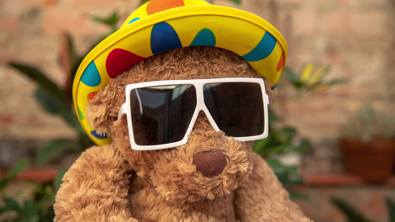 파티 모자와 선글라스를 입은 테디 베어