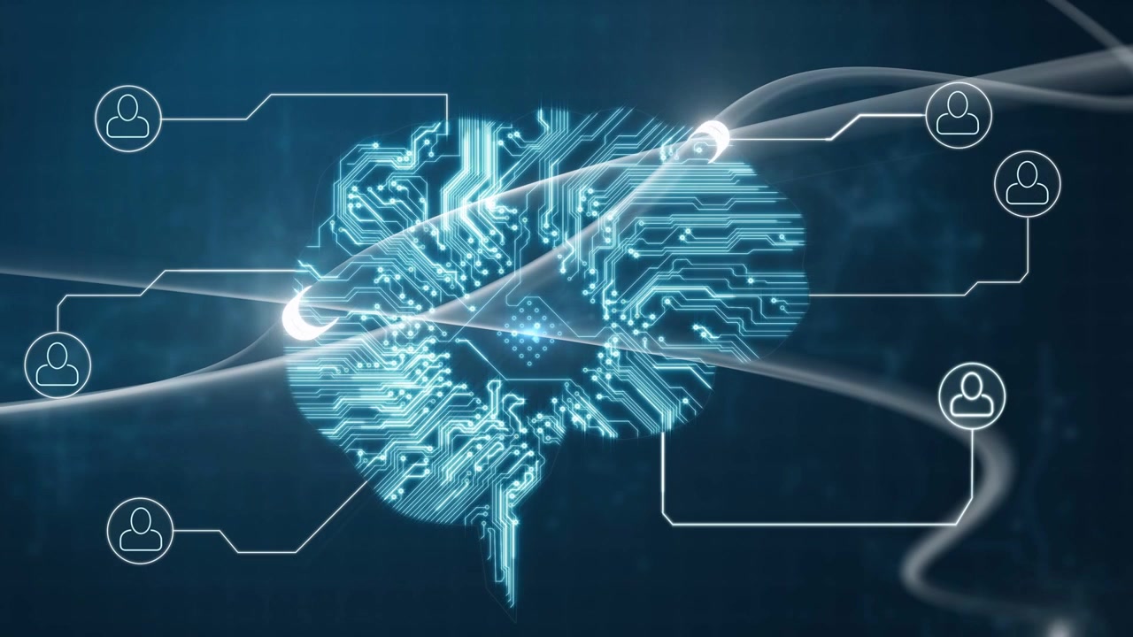 Ribbons sweeping, nodes joining tech brain forming and pulsing, lines indicating active connections