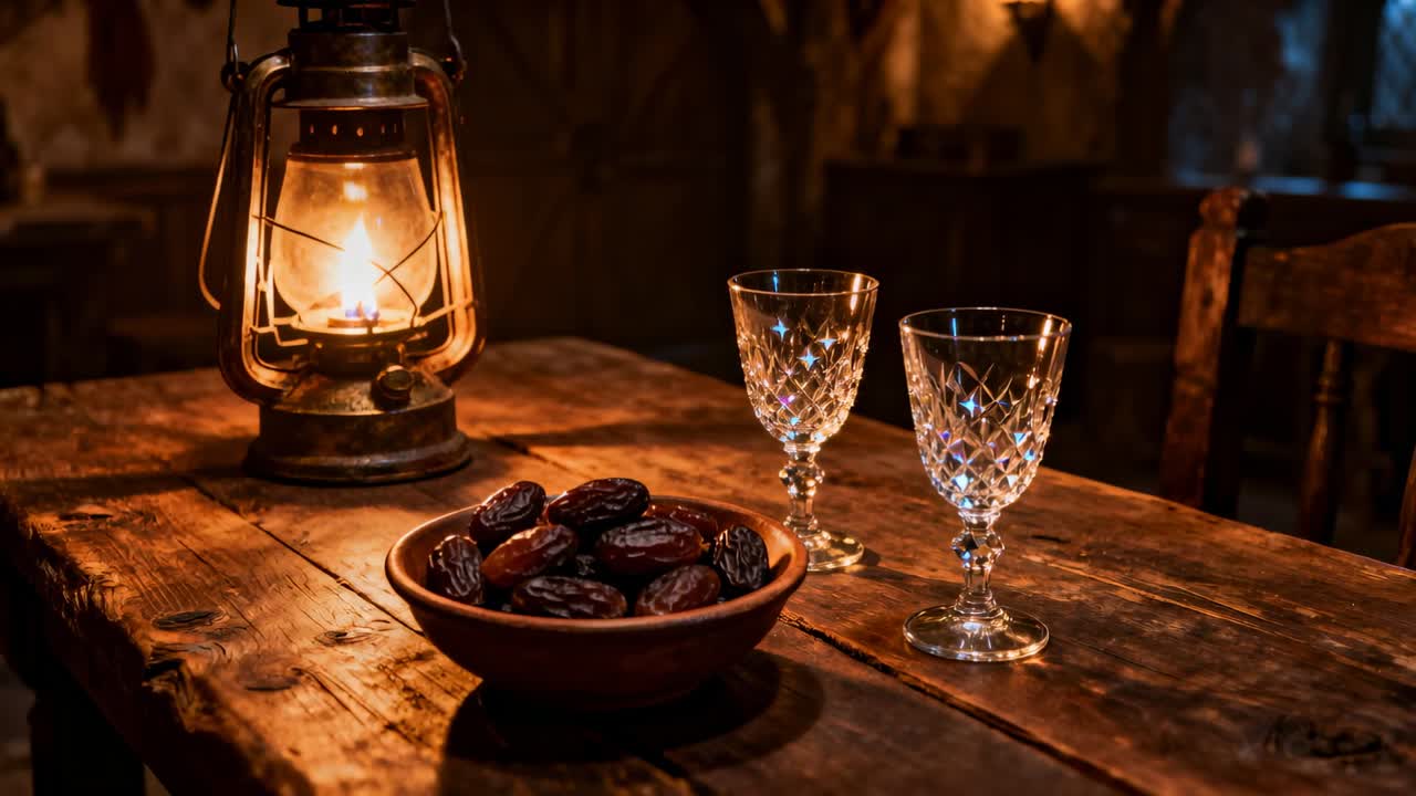 Flickering oil lantern flame casting warm highlights on crystal goblets and dates in rustic cabin
